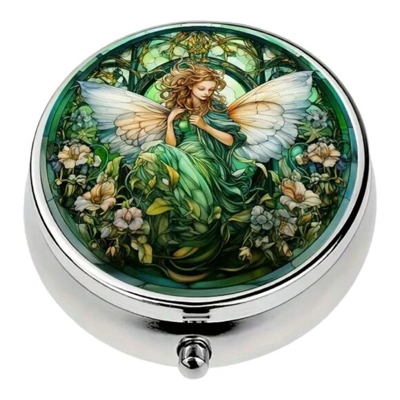 Fairy Elf Pixie Angel Pill Box Medicine Mini Tin Case Mirrored Travel Purse Size - Picture 8 of 8